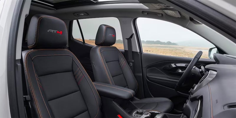 View of a black leather interior in a 2024 GMC Terrain